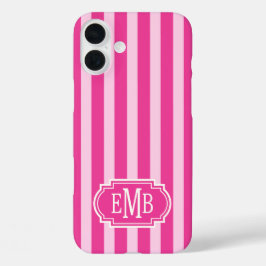 Hot Pink and Pink Monogrammed Stripes iPhone 16 Plusケース