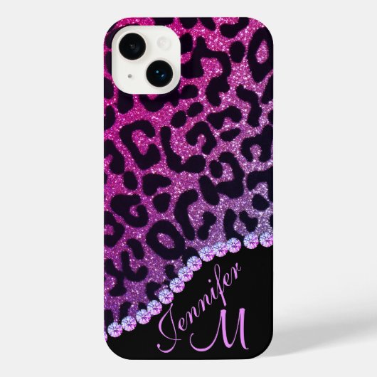 Hot Pink and Rhinestone Leopard Glitter Monogram iPhoneケース (裏面)