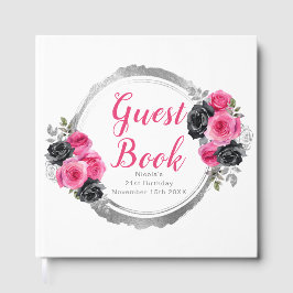 Hot Pink and Silver Elegant Flowers Birthday Party ゲストブック