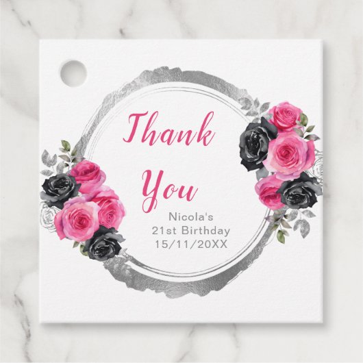 Hot Pink and Silver Elegant Flowers Birthday Party フェイバータグ (正面)
