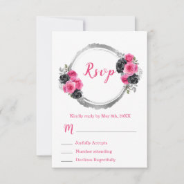 Hot Pink and Silver Elegant Flowers Sweet Sixteen 出欠カード