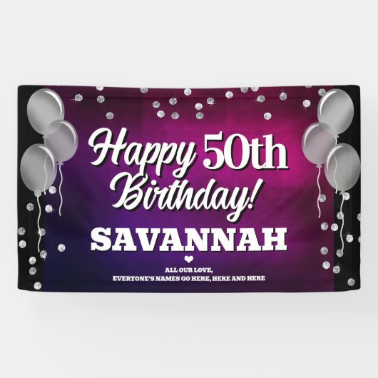 Hot Pink and Silver Happy Birthday Banner 横断幕 (横)