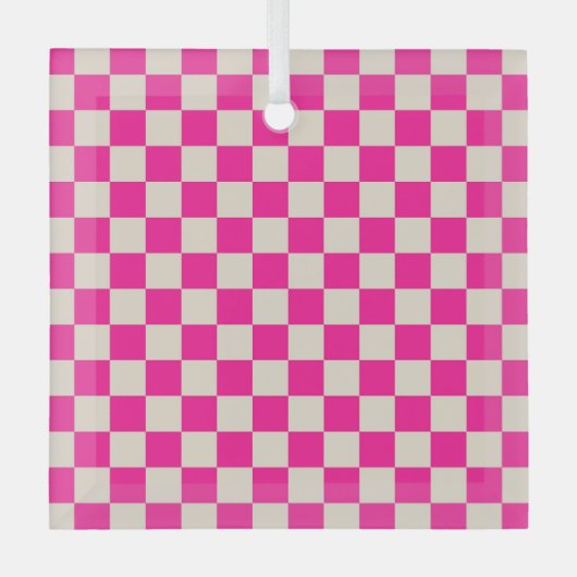 Hot pink and tan checkerboard pattern ガラスオーナメント (正面)