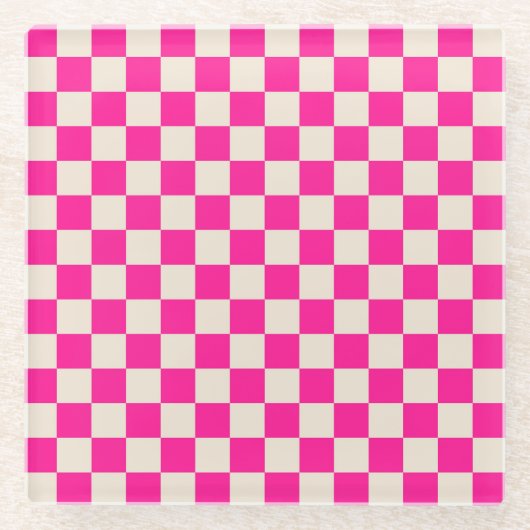Hot pink and tan checkerboard pattern ガラスコースター (正面)