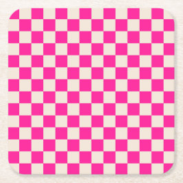Hot pink and tan checkerboard pattern スクエアペーパーコースター