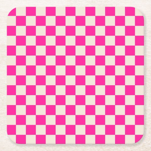 Hot pink and tan checkerboard pattern スクエアペーパーコースター (正面)