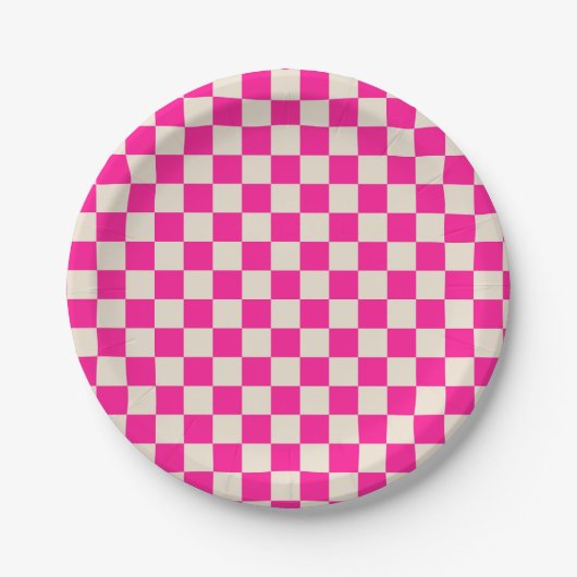 Hot pink and tan checkerboard pattern ペーパープレート (正面)
