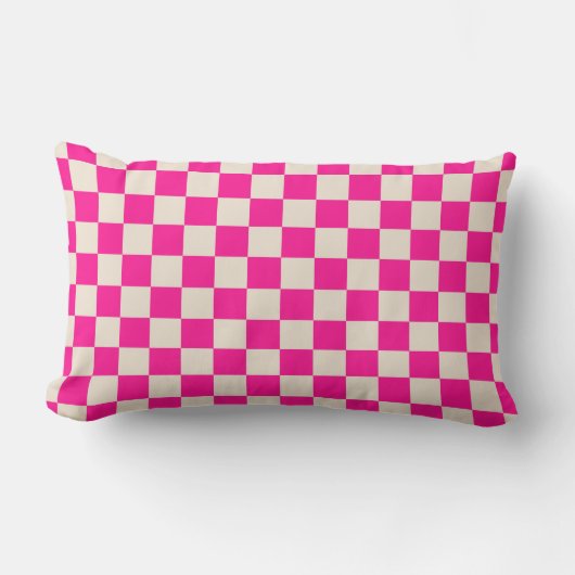 Hot pink and tan checkerboard pattern ランバークッション (正面)