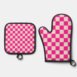 Hot pink and tan checkerboard pattern 鍋つかみ&鍋敷きセット