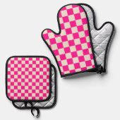 Hot pink and tan checkerboard pattern 鍋つかみ&鍋敷きセット (正面/裏面)
