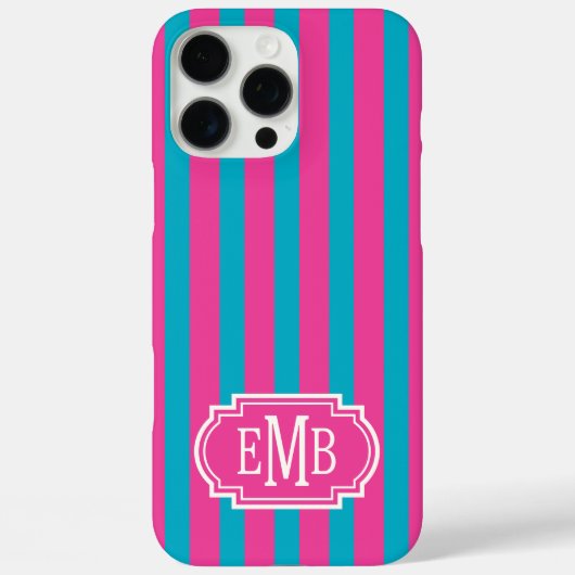 Hot Pink and Turquoise Monogrammed Stripes Case-Mate iPhoneケース (裏面)