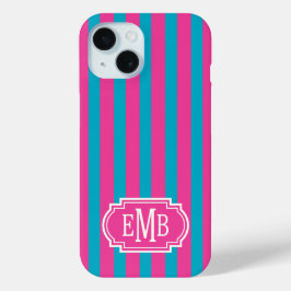 Hot Pink and Turquoise Monogrammed Stripes iPhone 15ケース