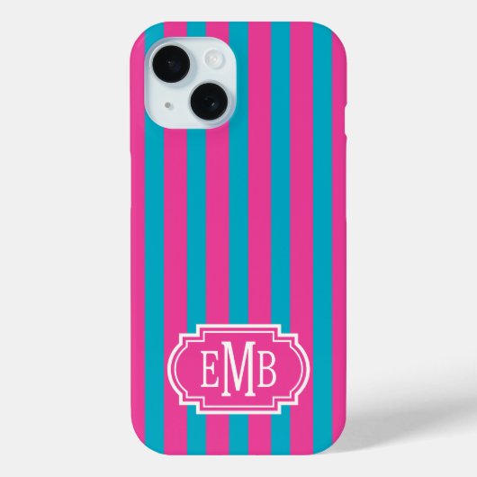 Hot Pink and Turquoise Monogrammed Stripes Case-Mate iPhoneケース (裏面)