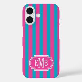 Hot Pink and Turquoise Monogrammed Stripes iPhone 16ケース