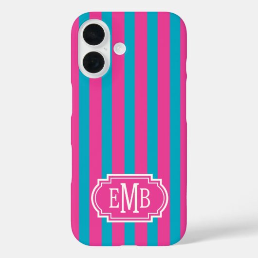 Hot Pink and Turquoise Monogrammed Stripes Case-Mate iPhoneケース (裏面)