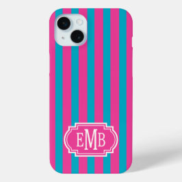 Hot Pink and Turquoise Monogrammed Stripes iPhone 15 Miniケース