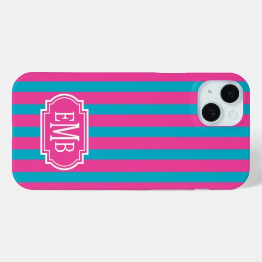 Hot Pink and Turquoise Monogrammed Stripes Case-Mate iPhoneケース (裏面 (横))