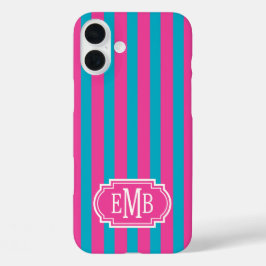 Hot Pink and Turquoise Monogrammed Stripes iPhone 16 Plusケース