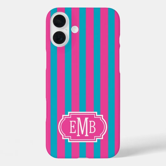 Hot Pink and Turquoise Monogrammed Stripes Case-Mate iPhoneケース (裏面)