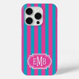 Hot Pink and Turquoise Monogrammed Stripes iPhone 15 Proケース
