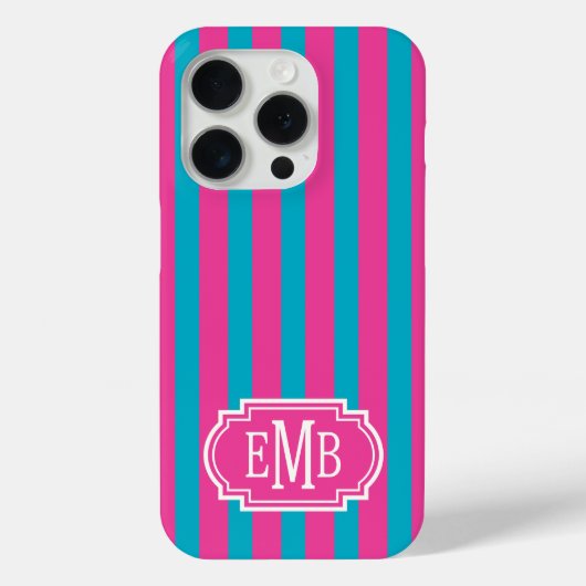Hot Pink and Turquoise Monogrammed Stripes Case-Mate iPhoneケース (裏面)