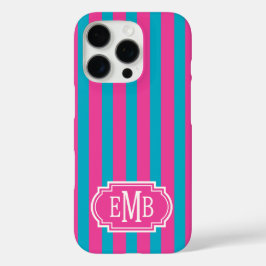 Hot Pink and Turquoise Monogrammed Stripes iPhone 16 Proケース