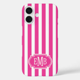 Hot Pink and White Monogrammed Stripes iPhone 16ケース