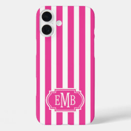 Hot Pink and White Monogrammed Stripes iPhone 16 Plusケース