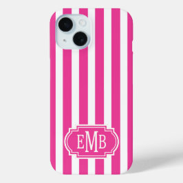 Hot Pink and White Monogrammed Stripes iPhone 15ケース