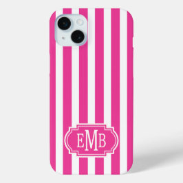 Hot Pink and White Monogrammed Stripes iPhone 15 Miniケース