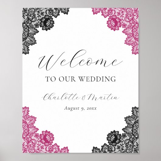 Hot Pink Black Floral Lace Wedding Welcome Sign ポスター (正面)