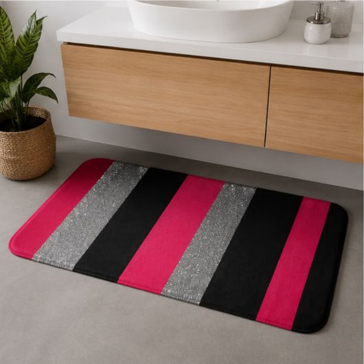 Hot Pink Black Gray Glitter Stripe Bold Glam Rock バスマット