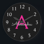 Hot Pink Black Scriptモノグラガーリーム名 ラージ壁時計<br><div class="desc">ホットピンクとブラックのシンプル文字のモノグラム名時計。これは、グラムの贅沢と粋なスタイルが大好きな人にとって、16歳の誕生日、結婚ブライダルシャワー、記念日、ベビーシャワー、バチェロレッテの贈り物として、最高の甘い16歳の誕生日を迎える。</div>
