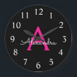 Hot Pink Black Scriptモノグラガーリーム名 ラージ壁時計<br><div class="desc">ホットピンクとブラックのシンプル文字のモノグラム名時計。これは、グラムの贅沢と粋なスタイルが大好きな人にとって、16歳の誕生日、結婚ブライダルシャワー、記念日、ベビーシャワー、バチェロレッテの贈り物として、最高の甘い16歳の誕生日を迎える。</div>