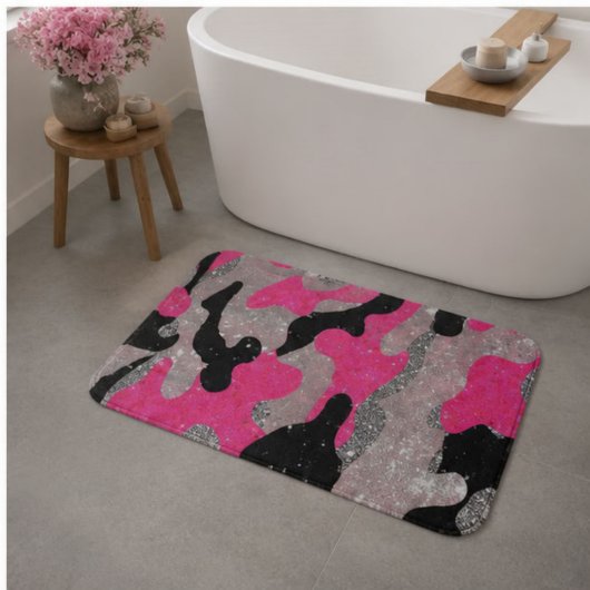 Hot Pink Black Silver Glitter Camouflage Glamorous バスマット