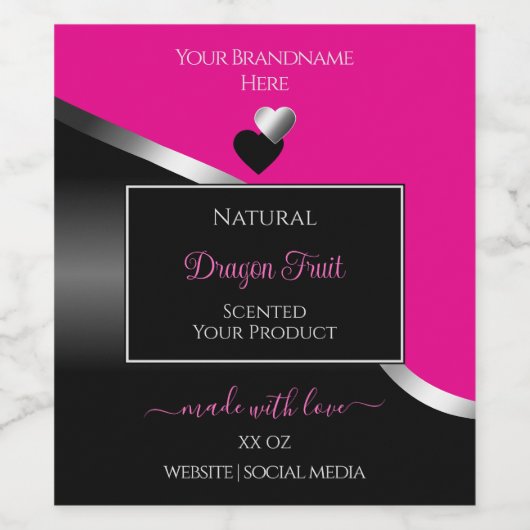 Hot Pink Black Wavy Silver Hearts Product Labels ワインラベル (シングルラベル)