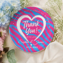 Hot Pink & Blue Zebra Wedding Thank You 