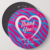 Hot Pink & Blue Zebra Wedding Thank You 缶バッジ (正面&裏面)