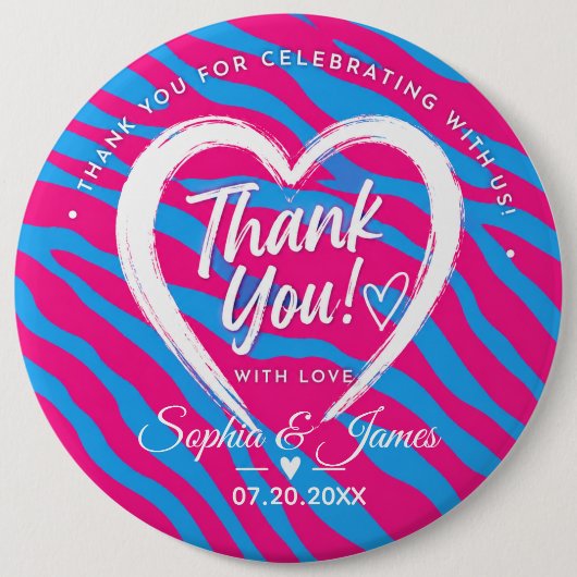 Hot Pink & Blue Zebra Wedding Thank You 缶バッジ (正面)