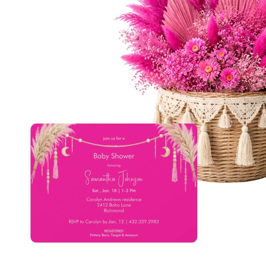 Hot Pink Boho Pampas Baby Shower 招待状