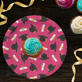 Hot Pink Cap Diplomas Pattern Graduation Party ペーパープレート