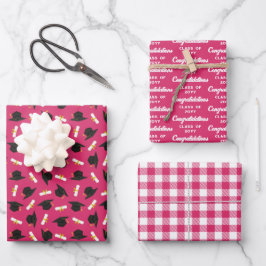 Hot Pink Caps Diplomas Mixed Graduation Patterns ラッピングペーパーシート