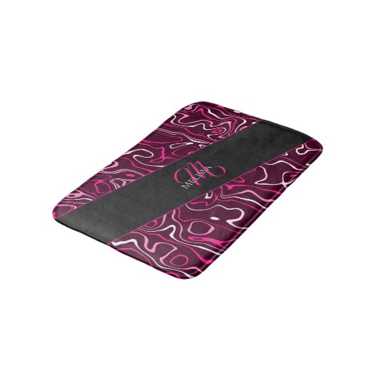 Hot pink damascus abstract swirls Custom Monogram バスマット (アングル)