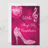Hot Pink Disco Ball Sparkle Heels 50th Birthday  招待状 (正面)