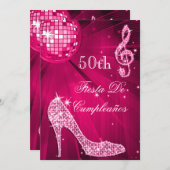 Hot Pink Disco Ball Sparkle Heels 50th Birthday  招待状 (正面/裏面)