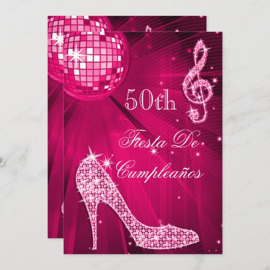 Hot Pink Disco Ball Sparkle Heels 50th Birthday  招待状 (正面/裏面)