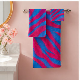 Hot Pink & Electric Blue Fuzzy Zebra Neon Y2K バスタオルセット