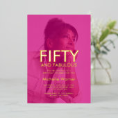 Hot Pink Fifty and Fabulous 50th Birthday Photo 箔招待状 (立ち正面)