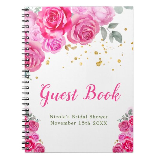 Hot Pink Floral Bridal Shower Guest Book ノートブック (正面)