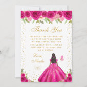 Hot Pink Floral Dark Skin Princess Birthday Party サンキューカード (正面)